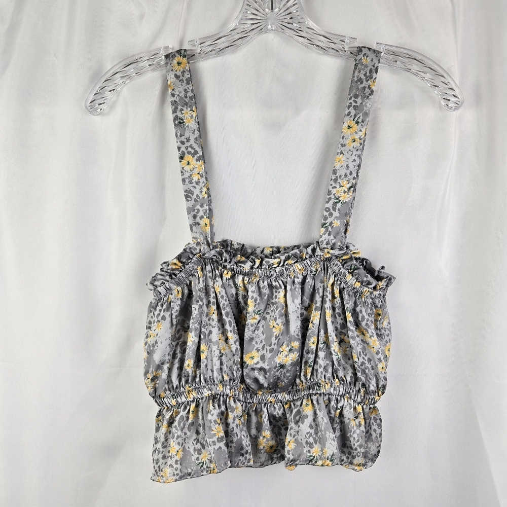 Forever 21 Floral Animal Print Elastic Bust Waist Satin Peplum Crop Top Medium